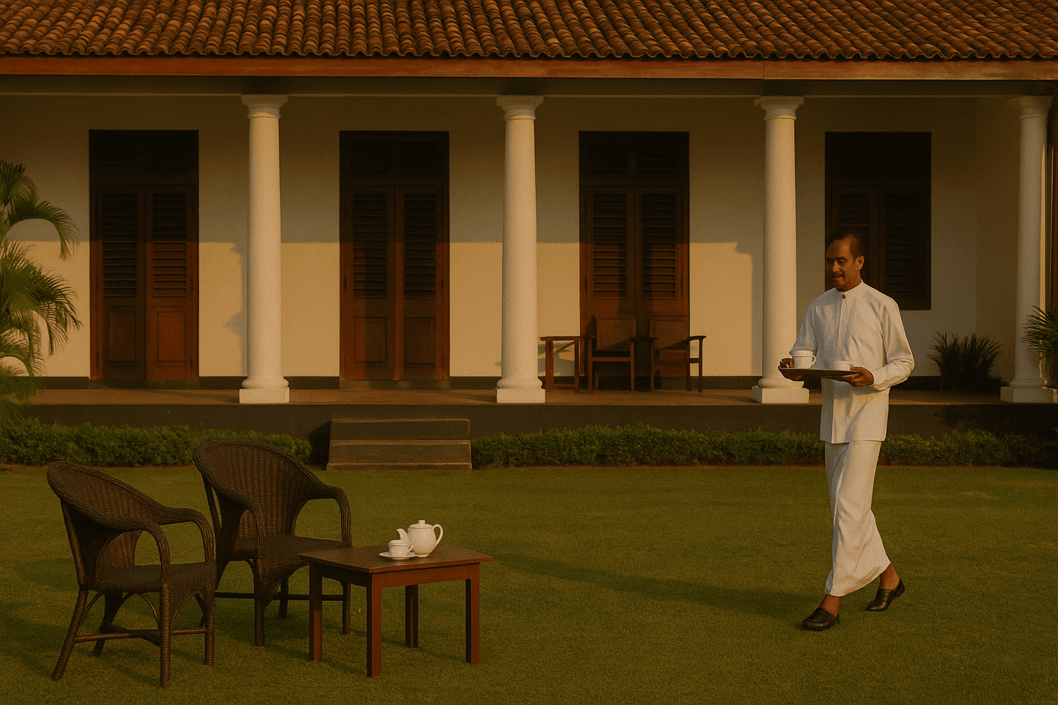 Colonial Ceylon Rest Houses | Golden-hour scene at a colonial-style Sri Lankan rest house: a white-clad waiter carries tea across the lawn toward a small table with teapot and cups before a veranda with white columns, wooden shutters, and a red-tile roof.