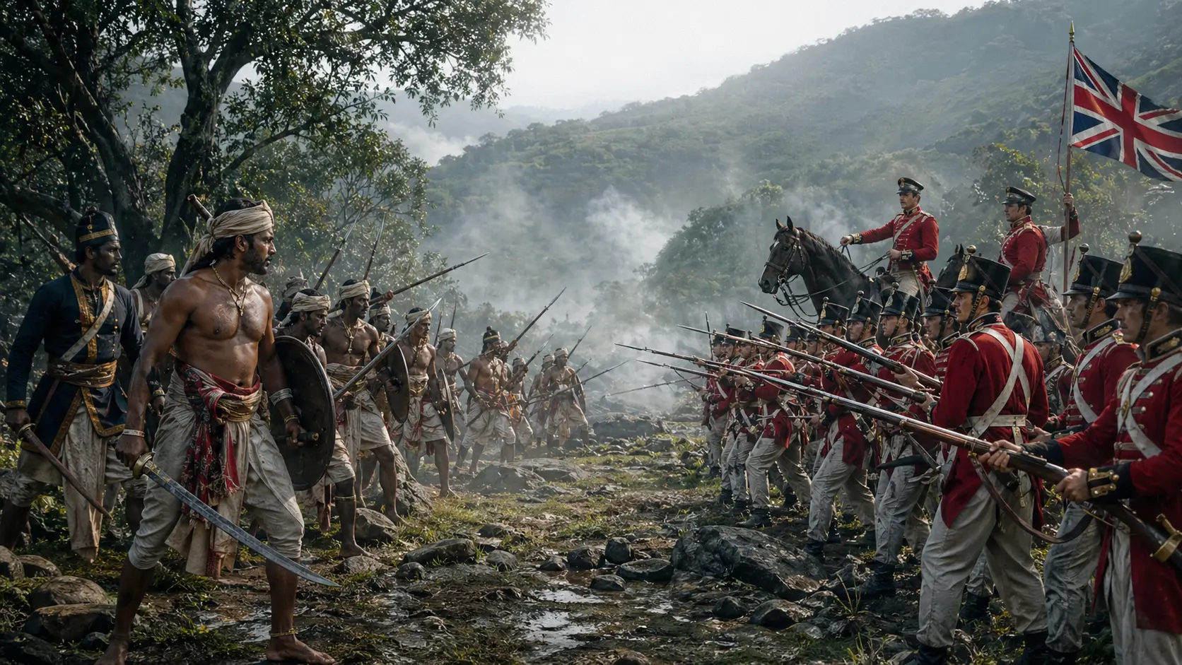 Uva | Photorealistic historical scene of Kandyan rebel fighters facing British colonial soldiers in red coats in the misty Uva-Wellassa highlands, representing the Uva Rebellion of 1817–1818.