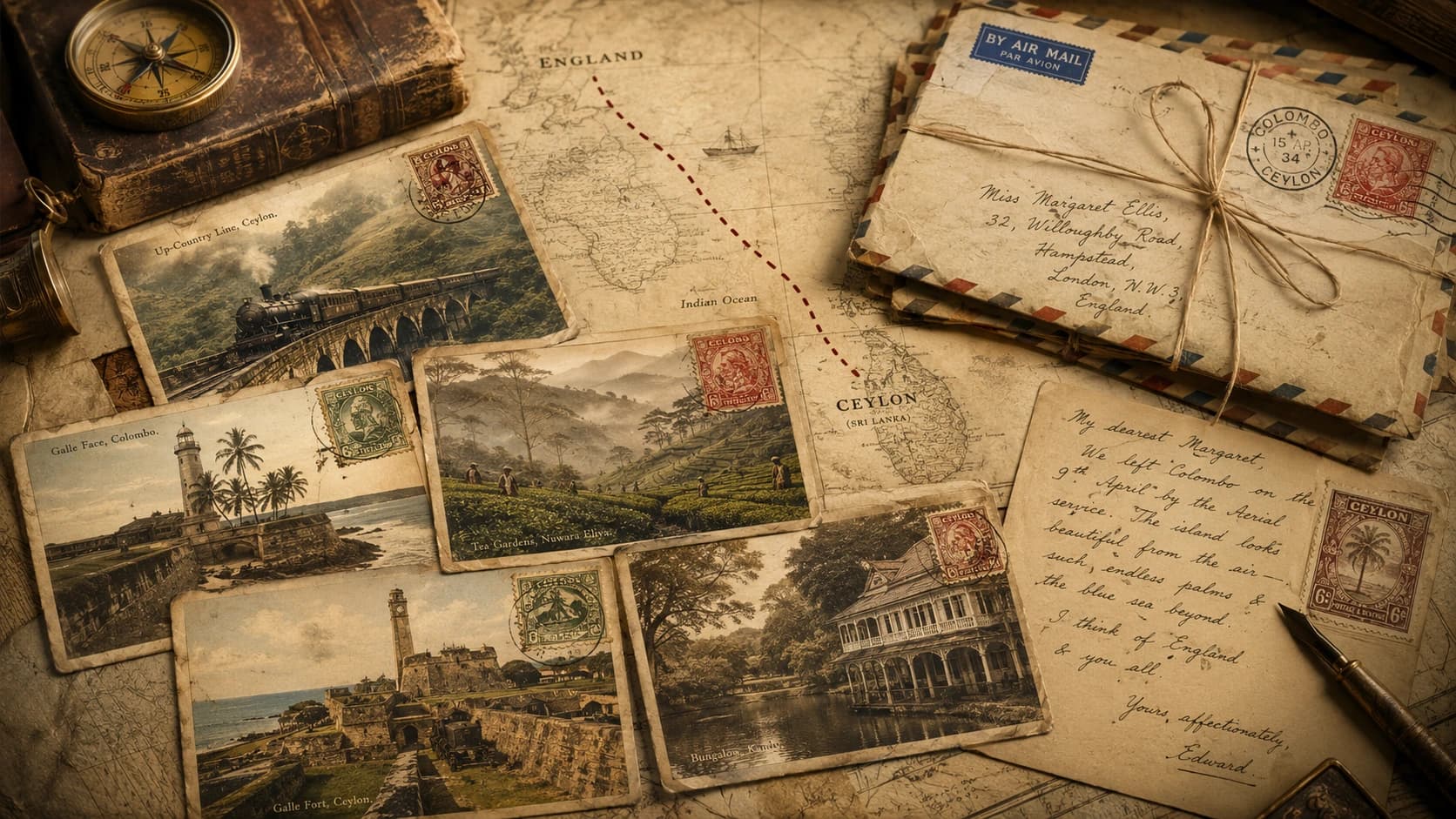 Old Ceylon Postcards to England: Travel Roots