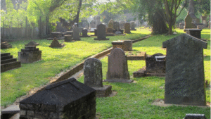 Church Graveyards - Colonial-era cemetery in Sri Lanka with weathered stone headstones and brick bases on a sunlit, grassy slope beneath large shade trees.