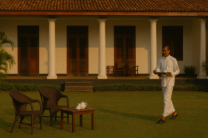 Colonial Ceylon Rest Houses | Golden-hour scene at a colonial-style Sri Lankan rest house: a white-clad waiter carries tea across the lawn toward a small table with teapot and cups before a veranda with white columns, wooden shutters, and a red-tile roof.
