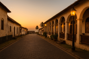 Colonial Heritage | Colonial-era cobblestone street inside Galle Fort, Sri Lanka, at sunset. Dutch-style buildings with arched verandas and glowing street lamps line the road, with palm trees and the ocean visible in the background under a golden sky.