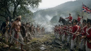 Uva | Photorealistic historical scene of Kandyan rebel fighters facing British colonial soldiers in red coats in the misty Uva-Wellassa highlands, representing the Uva Rebellion of 1817–1818.