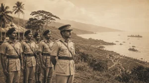 Sepia-toned historical-style image of Sri Lankan soldiers in old military uniforms standing on a coastal hillside, overlooking ships and troops near the shore, evoking Ceylon’s forgotten ANZAC and Gallipoli connection.
